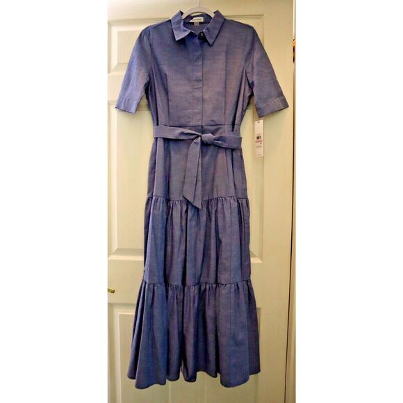 Calvin Klein CD4GCE1T Women's Sz 6 Blue Tiered Belted Denim Midi Dress - Picture 1 of 10